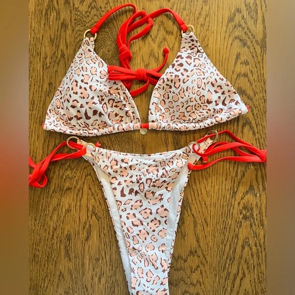 Animal Print Halter with Red Accents Side Tie Bikini Set - Picture 2 of 9